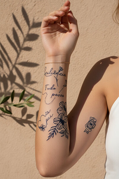 pivok Anlamlı El Yazısı Mesajlar ve Floral Figürlü Minimalist Set Tattoo - Ya...