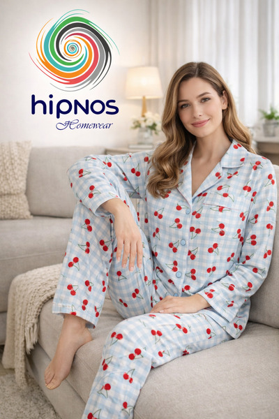 Hipnos طقم بيجامة نسائية بنقشة الكرز، ياقة قميص، 100% قطن، ملابس منزلية أنيقة...