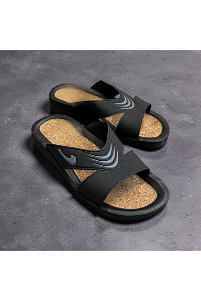 AkınalBella Esem Men's Black Cork Sole Beach Pool Daily Slippers
