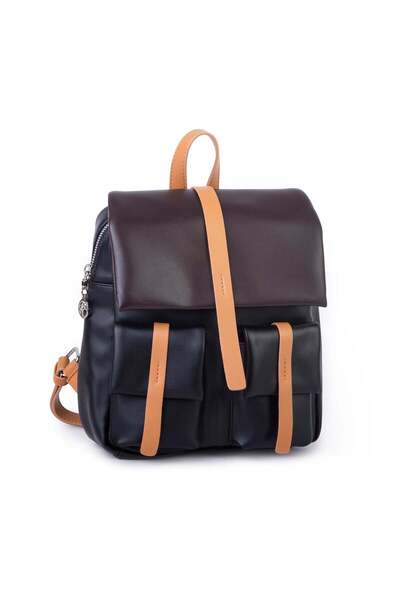 Nas Bag Women's Stylish Daily Soft Leather Backpack with Pockets Black Camel ...