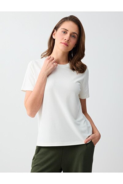 Jimmy Key Πλεκτό μπλουζάκι με κοντό μανίκι και λαιμόκοψη σε απόχρωση Off-White