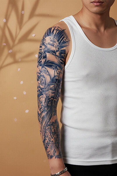 pivok Yelkenli Gemi, Pusula ve Harita Motifli Tam Kol Kaplama Tattoo - Yarı K...