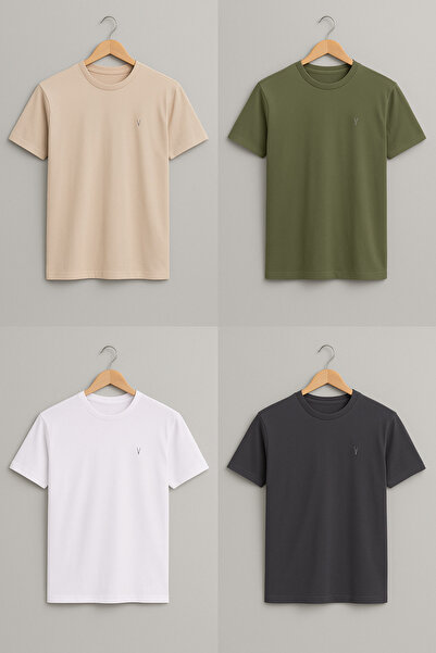 COMBİNE MİCHAİL Men's Crew Neck Comfortable Basic 4-Piece T-Shirt