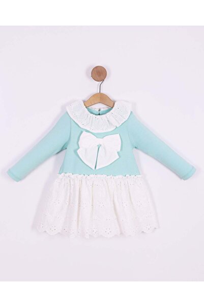 kidello Matilde Green Bow Embellished Combed Cotton Girls' Dress