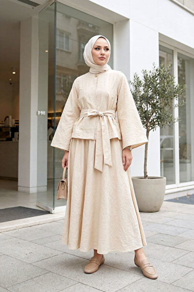 MODAQU Single Button Double Suit with Belt Detail - Beige