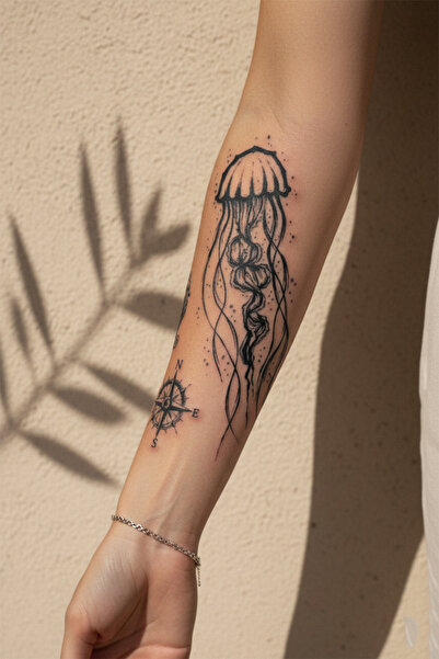 pivok Deniz Anası ve Minimal Pusula Dövme - Yarı Kalıcı / 1 Ay Kalıcı Tattoo