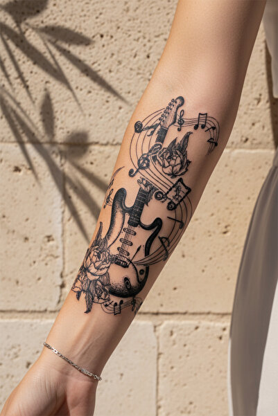 pivok Elektro Gitar ve Melodik Güller Dövmesi - Yarı Kalıcı / 1 Ay Kalıcı Tattoo