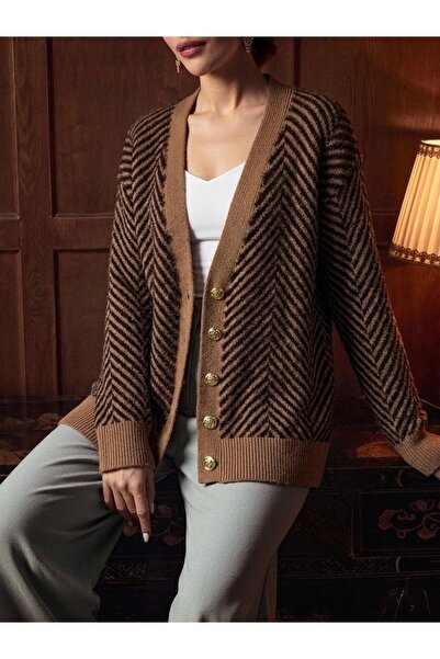 NLT Women's Gold Button Detailed V-Neck Beard Cardigan - Sk-213-4532