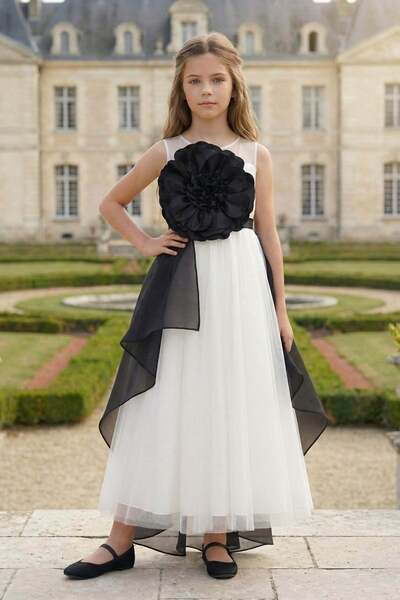 Pamina Κοριτσίστικο φόρεμα από οργάντζα με λεπτομέρειες λουλουδιών, μεγάλο μέ...