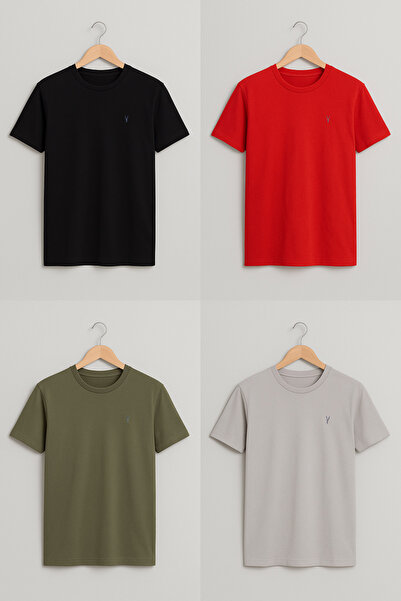 COMBİNE MİCHAİL Men's Crew Neck Comfortable Basic 4-Piece T-Shirt