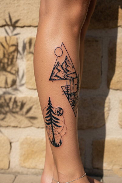 pivok Geometrik Dağ ve Çam Ormanı Dövme - Yarı Kalıcı / 1 Ay Kalıcı Tattoo