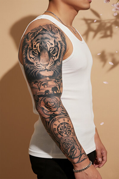 pivok Kaplan, Fil Safarisi ve Saat Motifli Tam Kol Kaplama Tattoo - Yarı Kalı...