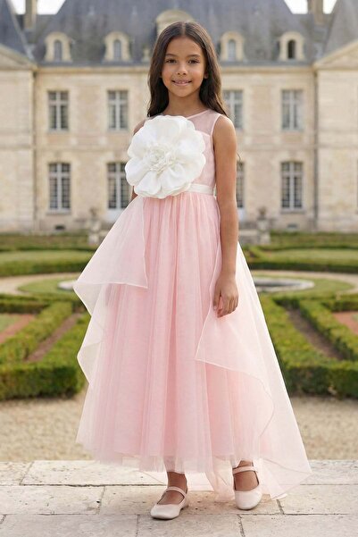 Pamina Rochie pentru fete din organza, stratificată, cu detalii florale, mări...