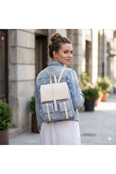 Nas Bag Women's Stylish Daily Soft Leather Backpack with Pockets Blue Cream