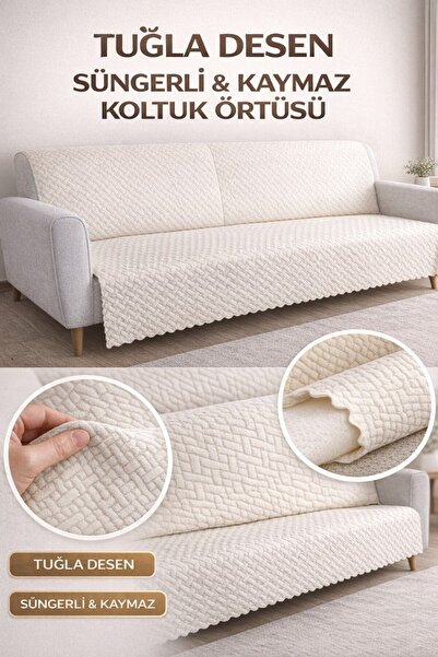 bibaha Kaymaz Süngerli Koltuk Örtüsü 160x205 Tuğla Desenli 4 Mevsim Kullanışl...