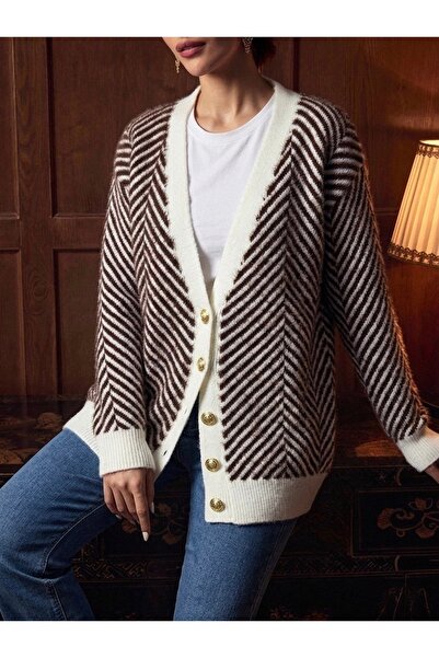 NLT Women's Gold Button Detailed V-Neck Beard Cardigan - Sk-213-4532