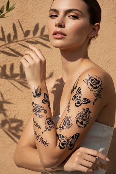 pivok Geleneksel Patchwork Stil Gül, Kelebek ve Akrep Karma Tattoo Seti - Yar...