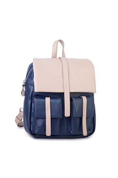 Nas Bag Women's Stylish Daily Soft Leather Backpack with Pockets, Navy Blue Sand