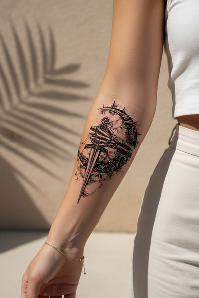 pivok Zırhlı İskelet El ve Mistik Hilal Detaylı Dövme Tattoo - Yarı Kalıcı / ...