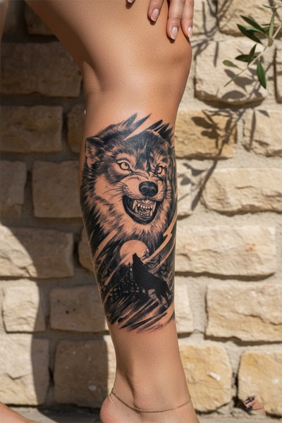 pivok Gerçekçi Kurt Portresi ve Ay Işığı Silüetli Sanatsal Tattoo - Yarı Kalı...