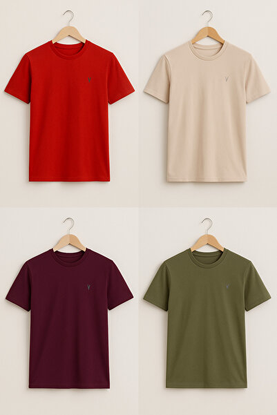 COMBİNE MİCHAİL Men's Crew Neck Comfortable Basic 4-Piece T-Shirt