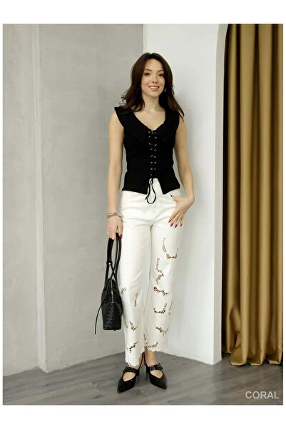 Coral Lace Embroidered Front Trousers 0904 White