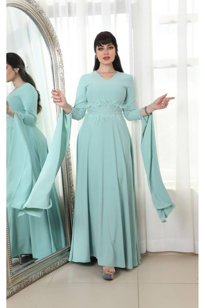 Stylish Fashion فستان من ستايلش فاشن تركي طويل بحزام مزين بالكريستال والريش