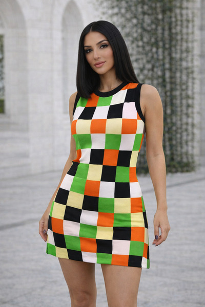 DOQU MILANO Πολυελίτ Καρό Μίνι Φόρεμα