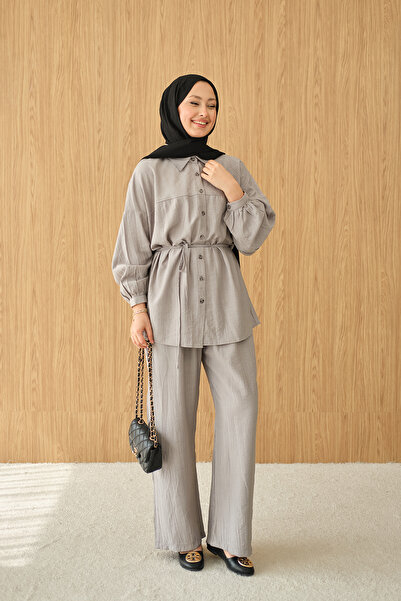 LOCCO Women's Wrinkled Patterned Waist-Tie Shirt Collar Set Gray