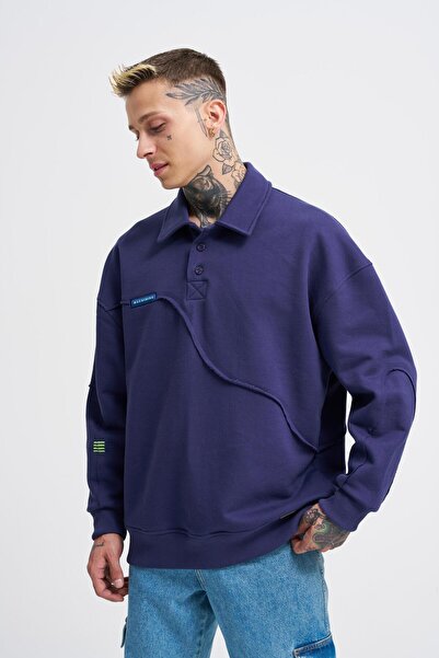 Machinist Ανδρικό φούτερ πόλο με ραφές σε στυλ distressed, Midnight Blue