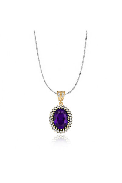 Silveranka 925 Ayar Gümüş Otantik Ametist Oval Taşlı Hürrem Kolye