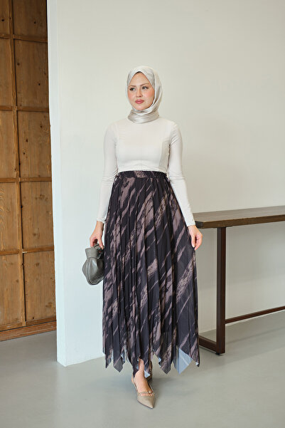 LOCCO Women's Thick Brush Pattern Asymmetrical Cut Chiffon Skirt Black