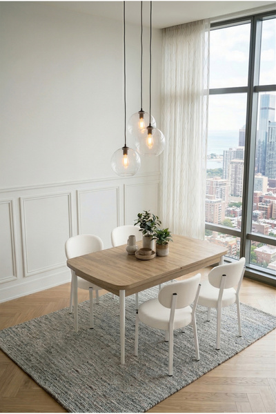 DEREN HOME Pufy Serisi 80x130 Açılabilir Masa +4 Adet Silinebilir Sandalye Ma...