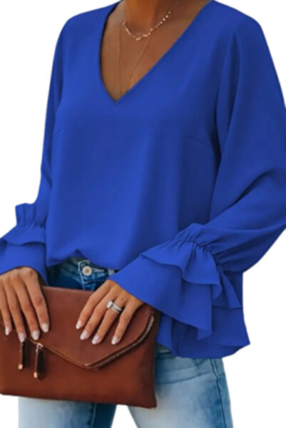 Voguet Elegant Blouse with Flowing Sleeves Blue L