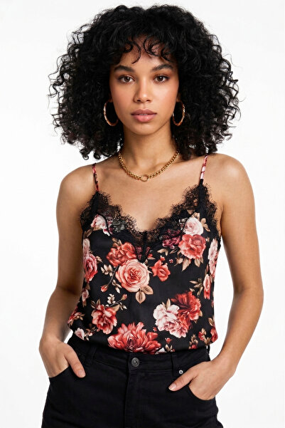 MELA ROSSA Γυναικεία μπλούζα από ύφασμα κρεπ με σχέδιο μαύρο τριαντάφυλλο, δα...