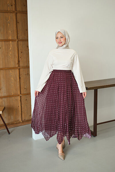 LOCCO Kadın Puantiye Detay Yan Bağcık Şifon Etek Mürdüm