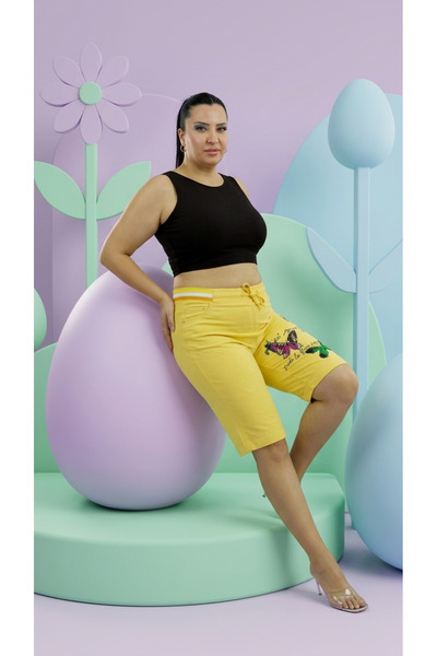 Trieste Large Size Elastic High Waist Lace-Up Printed Stoned Pocket Cotton Wo...