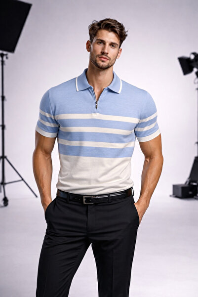 erkek Mavi Beyaz Triko Polo yaka T-shirt