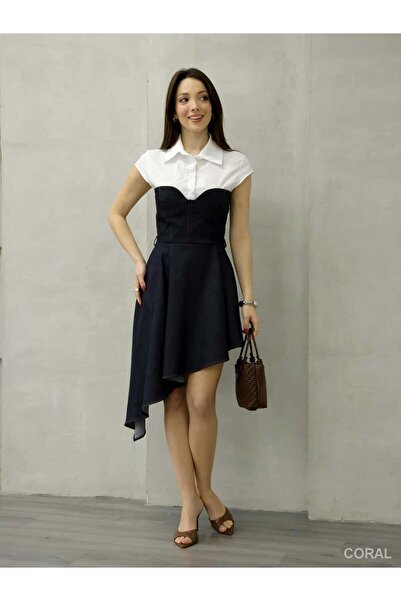 Coral فستان دينم بدون أكمام بتفاصيل قطنية ممشطة 7824 أبيض / أزرق داكن