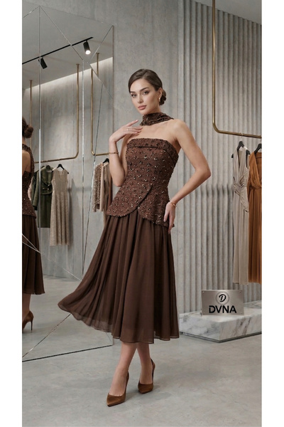 DVNA Dvna Midi Brown Chiffon Pleated Evening Dress - Crochet Bodice with Sequ...
