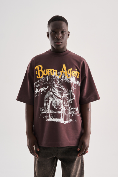 Machinist Tricou oversize pentru bărbați Born Again High Printed, maro