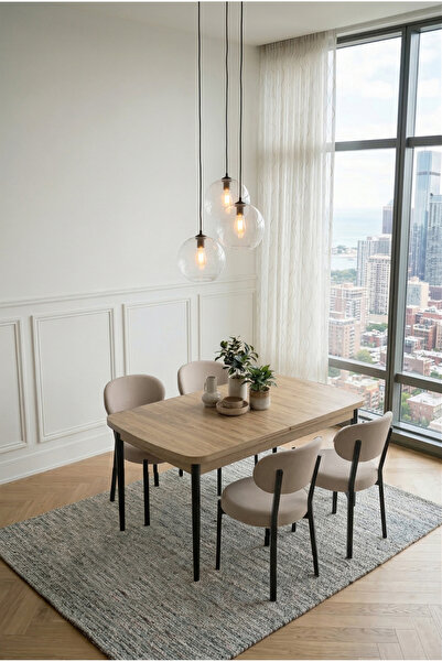 DEREN HOME Pufy Serisi 80x130 Açılabilir Masa +4 Adet Silinebilir Sandalye Ma...