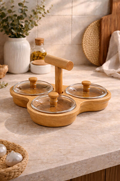 Anadolu Saray Kapaklı 3 Bölmeli Ahşap Sunumluk Mika Kapaklı Kuruyemiş Lokum S...