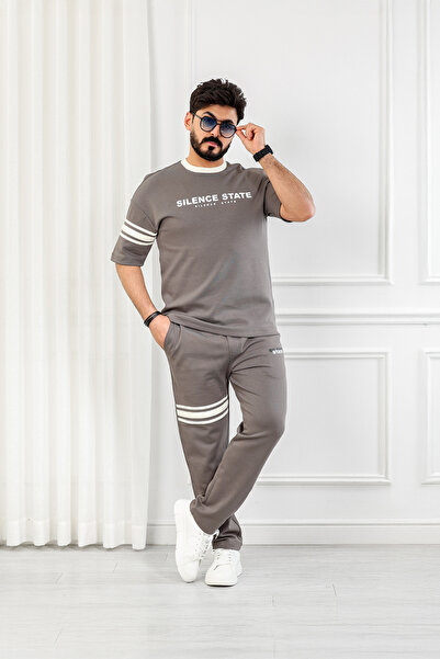 BSY Men's Oversize Set with Short Sleeves and Long Pants, Decorated with Hori...