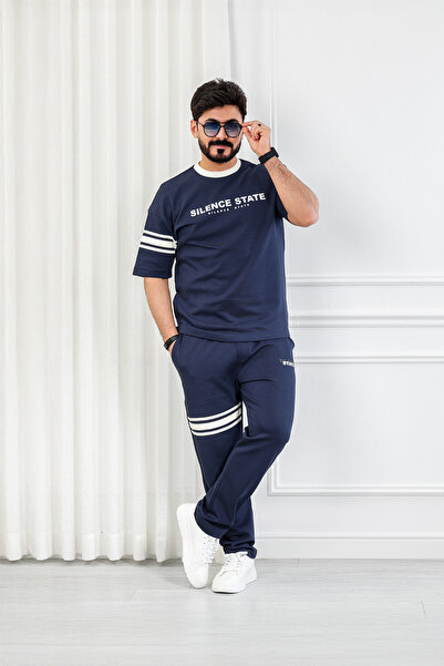 BSY Men's Oversize Set with Short Sleeves and Long Pants, Decorated with Hori...