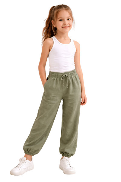 onymino Girl's Khaki Green Elastic Lace-Up Summer Trousers 100% Cotton Comfor...