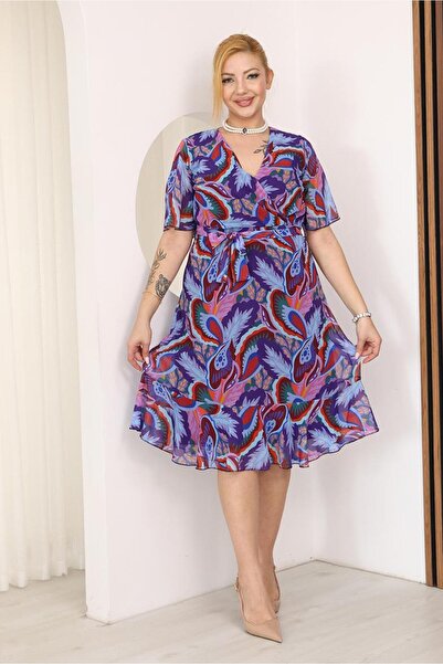 Siyezen Plus Size Double-Breasted Collar Lined Chiffon Dress