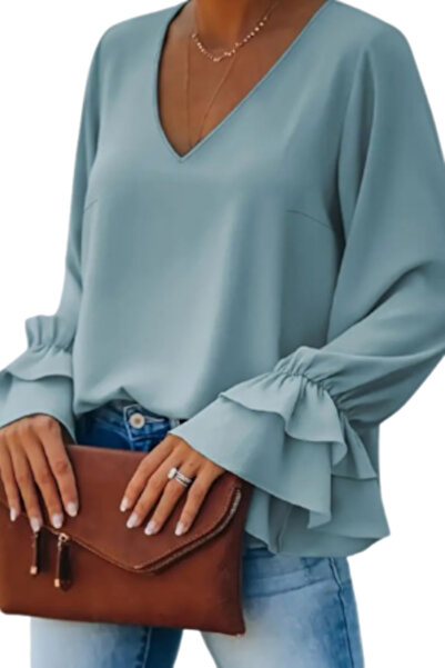 Voguet Elegant Blouse with Flowing Sleeves Blue Ciel L