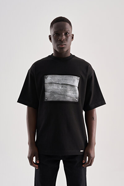 Machinist Tricou oversize cu imprimeu patchwork pentru bărbați, negru