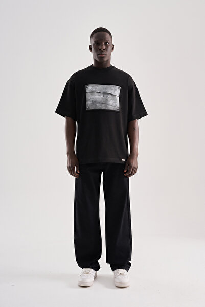 Machinist Tricou oversize cu imprimeu patchwork pentru bărbați, negru